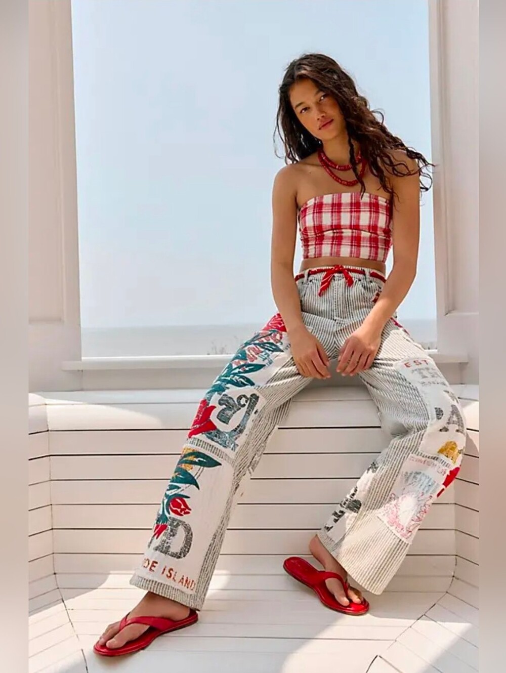Free People Red Plaid Strapless Crop Top - Size Small